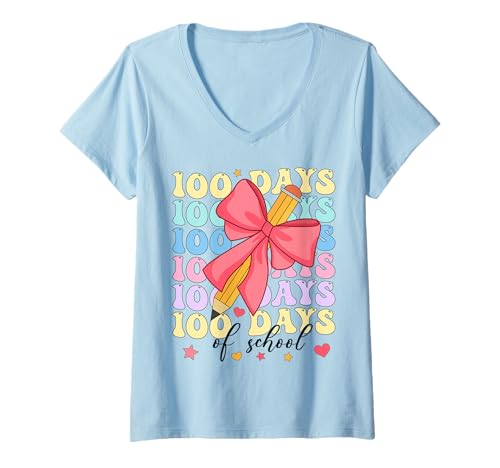 Damen 100 Tage klüger für Kinder und Mädchen, 100. Schultag, Lehrer T-Shirt mit V-Ausschnitt von 100 Days Smarter Kids 100th Day of School Tees