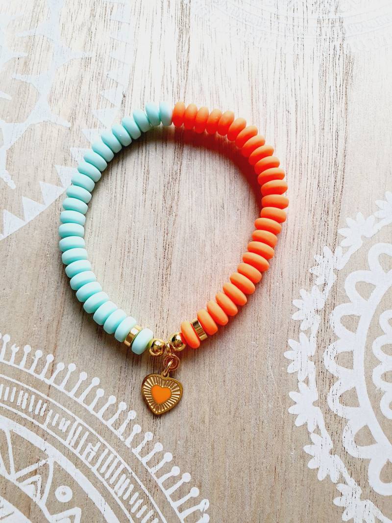 Armband Herz Neon Gold Katsukiperlen Orange Mint von 1000Gluecksmomente
