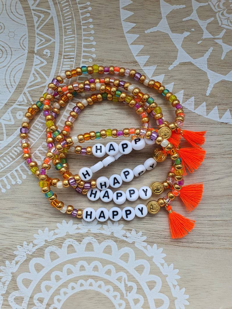 Happy Armband Bunt Mit Muyuki Perlen Smiley Wunschtext Namensarmband von 1000Gluecksmomente