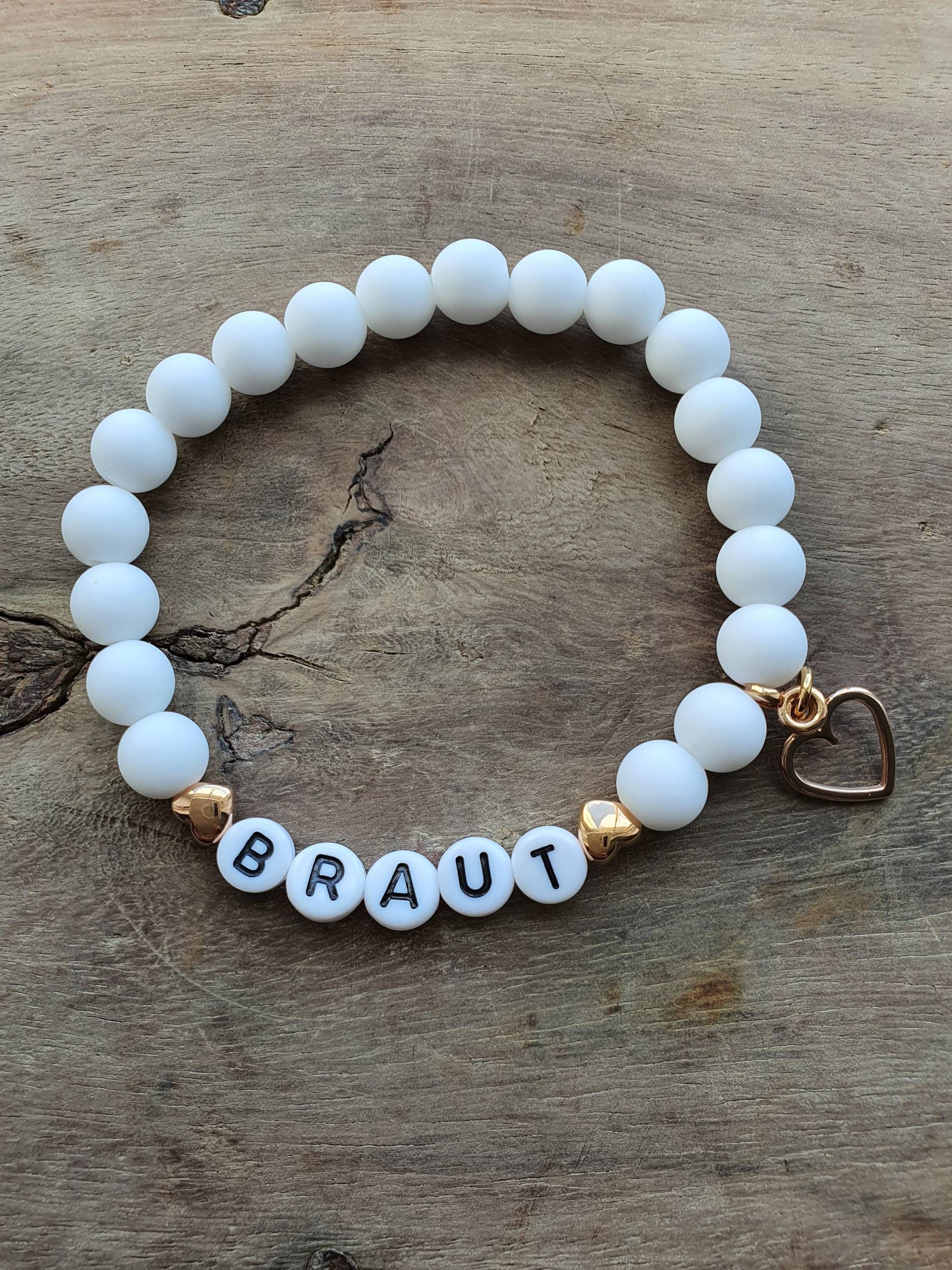 Braut Armband Mit Acrylperlen Roségold Taufe Geburt Taufpatin Weiß Matt Namensarmband Patin Pate von 1000Gluecksmomente