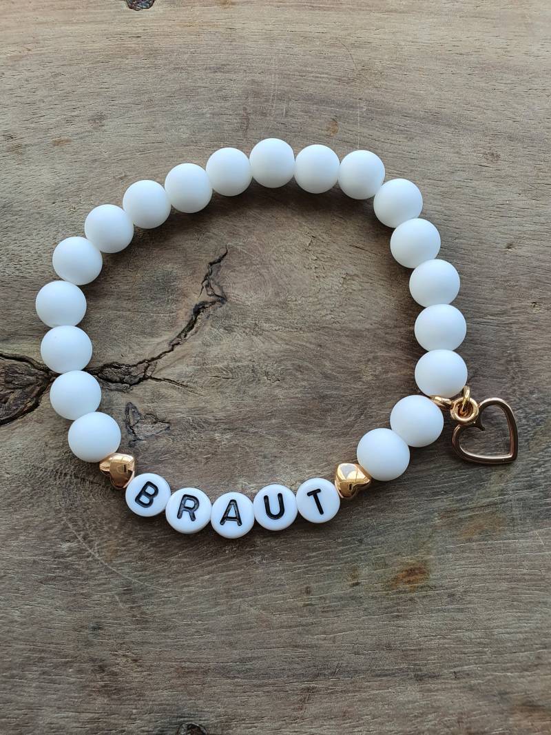 Braut Armband Mit Acrylperlen Roségold Taufe Geburt Taufpatin Weiß Matt Namensarmband Patin Pate von 1000Gluecksmomente