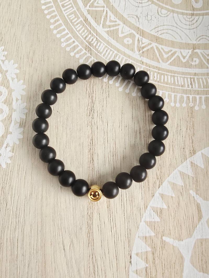 Smiley Armband Mit Jadeperlen Gold Perlenarmband Schwarz von 1000Gluecksmomente