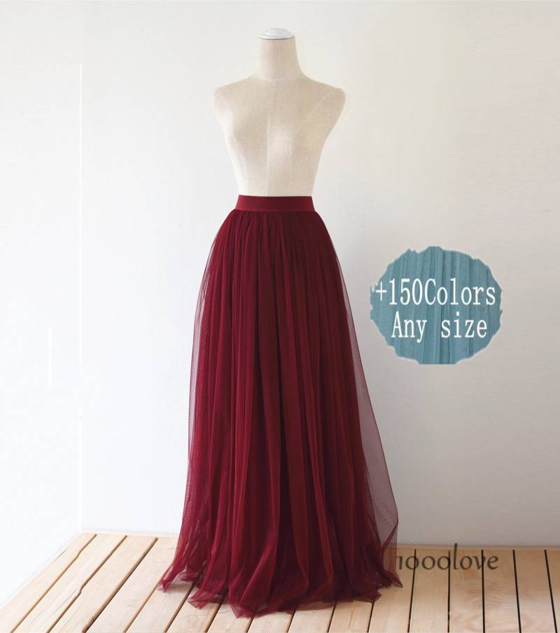 Bodenlanger Tüllrock Für Erwachsene, Bodenlanger Frauen, Brautjungfernkleider, Dunkelroter Tüllrock, Tüllrock in Tiefem Rot von 1000love