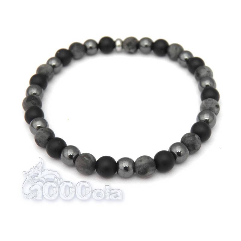 Bracelet Herren Perlen 6mm in Naturstein Larvikit Labradorit Grau Matte, Achat | Onyx Schwarz, Hämatit von 1000ola