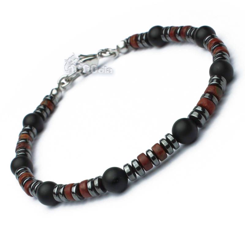 Neues Bracelet Man Pearls Stone Natural Jaspis/Jaspis Rot Achat/Onyx Mattschwarz Hämatitschließe Karabiner Edelstahl/Edelstahl P118 von 1000ola