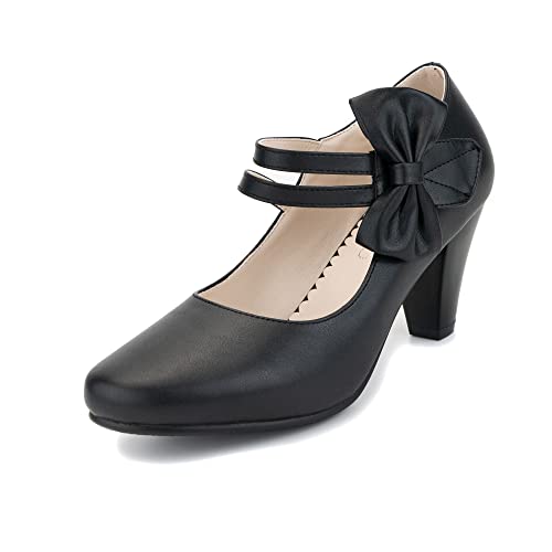100FIXEO Chic Mary Jane Schuhe Damen Heels und Pumps Damen Blockabsatz Sweet Lolita Knöchelriemchen Kleid Pumps Hook and Loop Bow Heels Geschlossene Zehen, Schwarz (schwarz), 40.5 EU von 100FIXEO