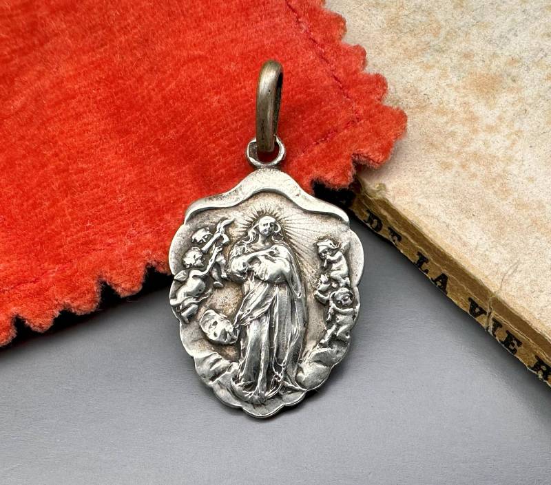 Antike Mutter Mary Halskette, Silber Jungfrau Maria Medaille, Zell von 100Saints