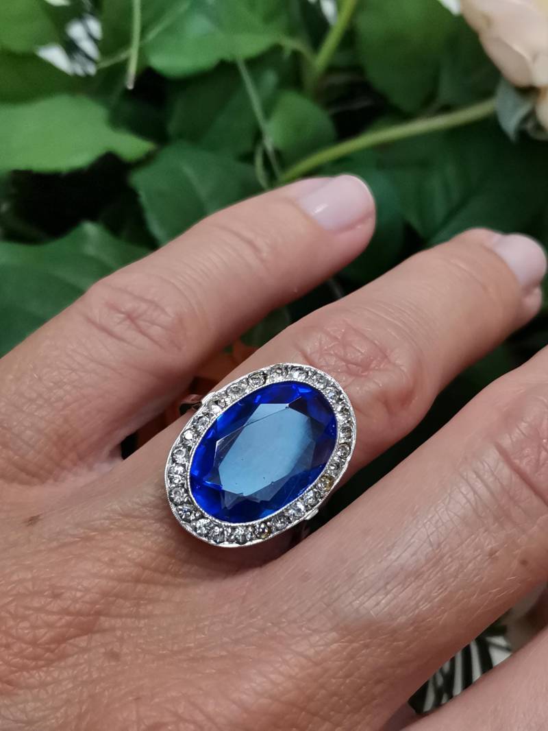 Vintage Deutscher Art Deco Cocktail Ring Silber Blau Spinell von 100Saints