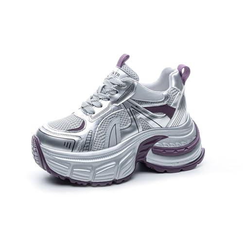 100junzidao 9 cm Schrägabsatz Kleine Menschen Höhe erhöhende Schuhe Damen Plateau Mode Sneakers rutschfest Leicht Training Laufen Wanderschuhe Lila 39 von 100junzidao