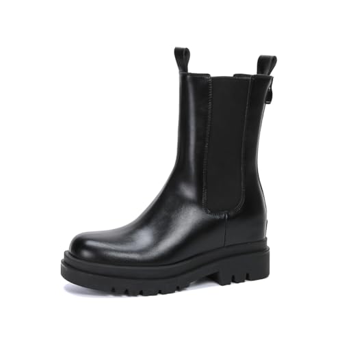 100junzidao Chelsea Lederstiefel für Damen, 7cm Plateau Stiefeletten mit Innenliegendem Absatz Elastischen Seiteneinsätzen, Slip-On Mid-Calf Komfort Schuhe, Vielseitiger Stil von 100junzidao