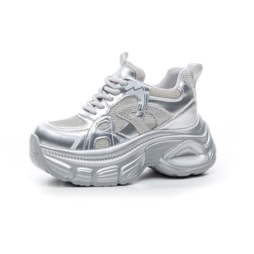 100junzidao Chunky-Sneaker für Damen Plateau-Laufschuhe Strasssteine Mode Training Bequem Vielseitig Atmungsaktiv Einzelschuhe Studentinnen Silber 39 von 100junzidao