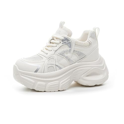 100junzidao Chunky-Sneaker für Damen Plateau-Laufschuhe Strasssteine Mode Training Bequem Vielseitig Atmungsaktiv Einzelschuhe Studentinnen Weiß 37 von 100junzidao