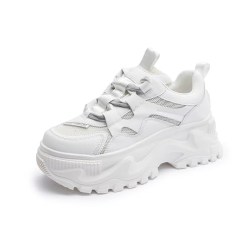 100junzidao DaddySchuhe Damensneaker mit klobiger Sohle 6 cm höhenverstärkend Plateau niedriges Design atmungsaktive MeshWanderschuhe Weiß 36 von 100junzidao