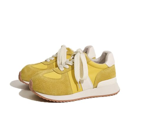 100junzidao Damen 7 cm Körpergröße erhöhende Runde Zehen De Trainingsschuhe Leichtgewichtige Dicke Sohle Peplum Daddy-Schuhe Flugreise-Sneakers Bequeme Peplum Gelb 35 von 100junzidao