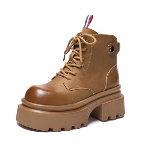 100junzidao Damen Bequeme Stiefeletten Atmungsaktiv Plateau Wander Schuhe, Rund Zehe Schnürung Casual Leder Booties von 100junzidao