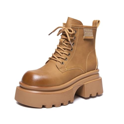 100junzidao Damen Braune Seitlicher Reißverschluss Combat Boots rutschfest Plateau Stiefeletten, Bequeme Robuste Sohle Arbeits Booties von 100junzidao