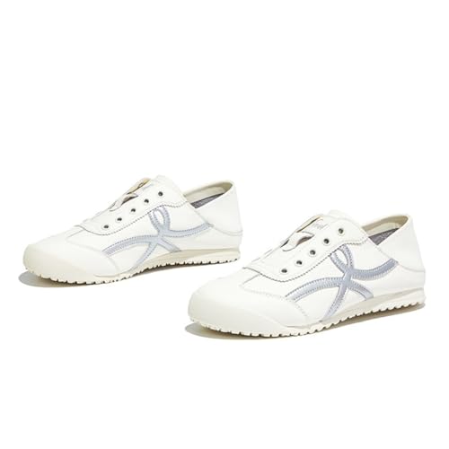 100junzidao Damen-Convertible 2-Way Wear weiche Leder-Derby-Schuhe Bequeme Flache Freizeitsneaker Slip-On Faltbare Absatz-Wanderschuhe für Damen Atmungsaktiv Weiß 35 von 100junzidao