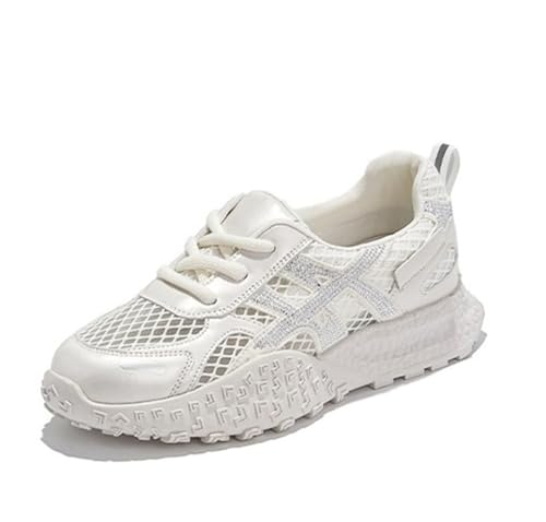 100junzidao Damen Dad Schuhe Plattform Dicke Sohle Schnürschuhe Mesh Atmungsaktiv Lässige Schuhe Bequem Leder Klassisch Peplum Fitness Laufschuhe von 100junzidao