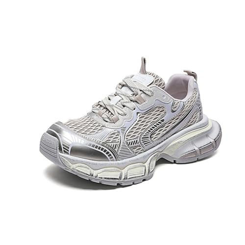 100junzidao Damen Dad Schuhe mit Dicker Sohle Plattform Casual Leicht Komfort Wander Laufschuhe Mode Schnürung Klassisches Leder Mesh Atmungsaktive Sneakers Silber 39 von 100junzidao