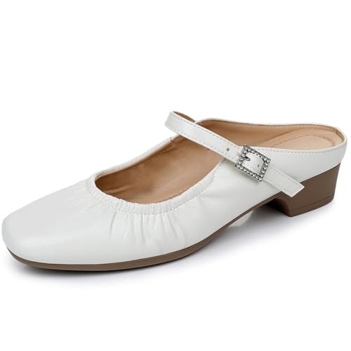 100junzidao Damen Flache Mary Jane Hausschuhe Flache Retro Temperament quadratischen Kopf mit Rock Schuhe Rhinestone Sweet Comfortable Non-Slip Wedding Banquet Schuhe von 100junzidao