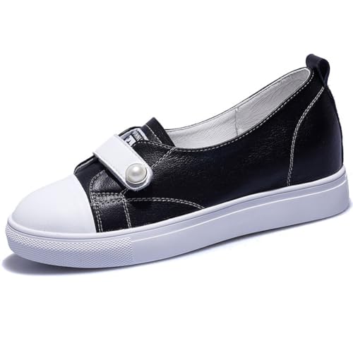 100junzidao Damen Flache Schwarze Schuhe mit Perlen Gepaart mit Modischen Sneakern Leder PU Sport Casual Boardschuhe Modisch Vielseitig Bequem Student von 100junzidao
