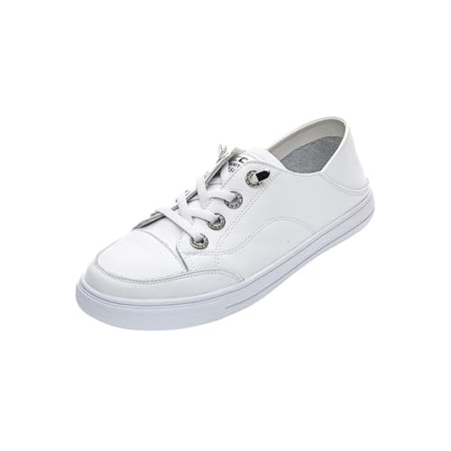 100junzidao Damen Flache Weiße Schuhe Runde Zehen Modisch Casual Schnürung Training Sneaker Bequem Atmungsaktiv Weiche Sohle Leichtgewicht von 100junzidao