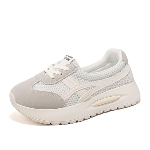 100junzidao Damen-Freizeitschuhe modische Schnürschuhe Flache Trainingsschuhe Flacher Ausschnitt runde Zehenkappe atmungsaktive Mesh-Schuhe Schuhe zur Erhöhung Beige 36 von 100junzidao