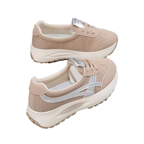 100junzidao Damen-Freizeitschuhe modische Schnürschuhe Flache Trainingsschuhe Flacher Ausschnitt runde Zehenkappe atmungsaktive Mesh-Schuhe Schuhe zur Erhöhung Braun 36 von 100junzidao