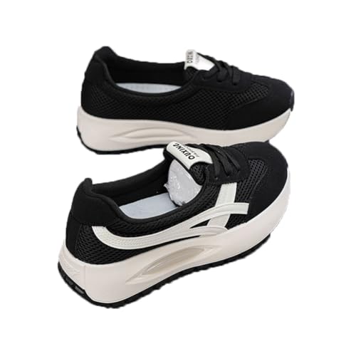 100junzidao Damen-Freizeitschuhe modische Schnürschuhe Flache Trainingsschuhe Flacher Ausschnitt runde Zehenkappe atmungsaktive Mesh-Schuhe Schuhe zur Erhöhung Schwarz 38 von 100junzidao