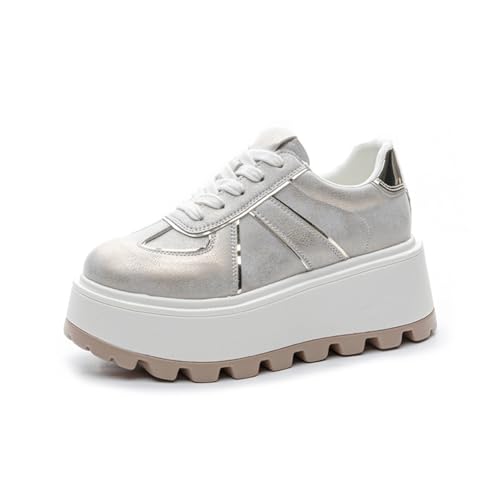 100junzidao Damen-Freizeitsneaker mit geringem Absatz modische Plateau-Sneaker Bequeme Plateauschuhe für Mädchen runde Zehenkappe Schnürung Studentenschuhe Beige 36 von 100junzidao