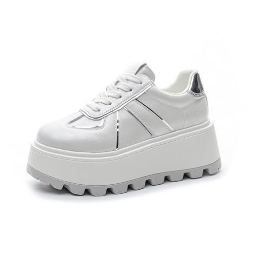 100junzidao Damen-Freizeitsneaker mit geringem Absatz modische Plateau-Sneaker Bequeme Plateauschuhe für Mädchen runde Zehenkappe Schnürung Studentenschuhe Weiß 35 von 100junzidao