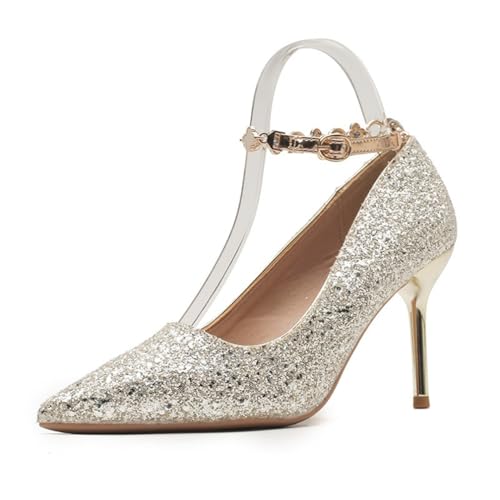 100junzidao Damen Geschlossen Heels Sexy Hochzeit Kristall Schuhe Spitze Zehe Hausschuhe Schlupf auf Arbeit Büro Laufsteg Clubwear Gold Pailletten rutschfeste Schuhe Gelb 39 von 100junzidao