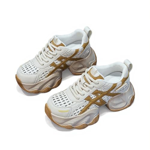 100junzidao Damen Gewebesneaker Dicke Sohle Wachstumsschuhe Casual Laufschuhe modische vielseitige Trainingsstiefel Lederoberfläche Gelb 35 von 100junzidao