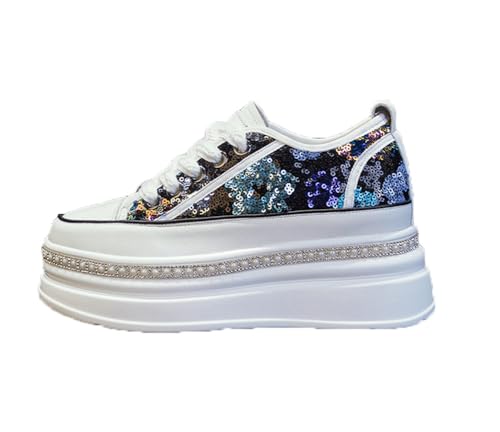 100junzidao Damen-Glitzer-Plateau-Sneakers Strassverzierung T-Riemchen Keilabsatz 8 cm Absatzhöhe Bequeme Wanderschuhe Blau 38 von 100junzidao