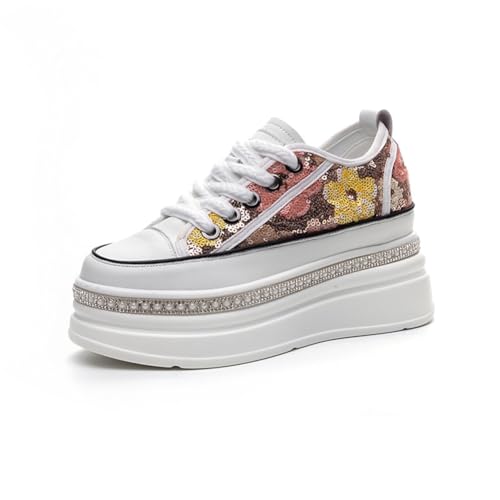 100junzidao Damen-Glitzer-Plateau-Sneakers Strassverzierung T-Riemchen Keilabsatz 8 cm Absatzhöhe Bequeme Wanderschuhe Gelb 38 von 100junzidao