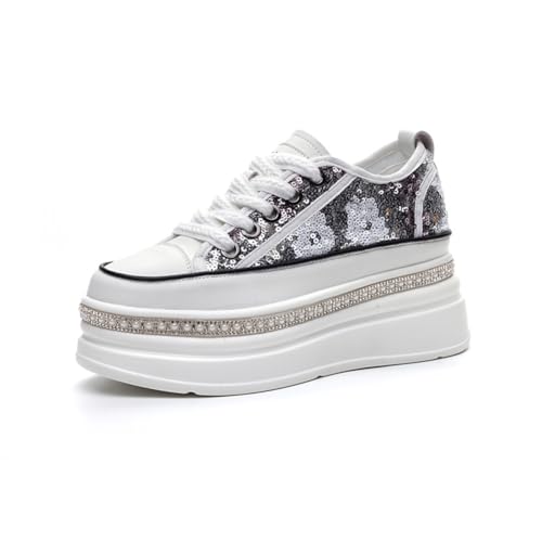 100junzidao Damen-Glitzer-Plateau-Sneakers Strassverzierung T-Riemchen Keilabsatz 8 cm Absatzhöhe Bequeme Wanderschuhe Schwarz 36 von 100junzidao