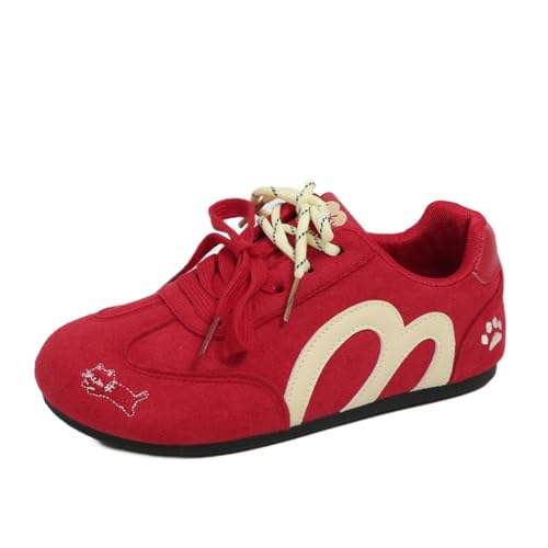 100junzidao Damen-Herbst-Retro-Laufschuhe im koreanischen Stil mit Kreuzriemen-Design Bestickte Plateau-Sneakers Atmungsaktive Freizeitsportschuhe Rot 38 von 100junzidao