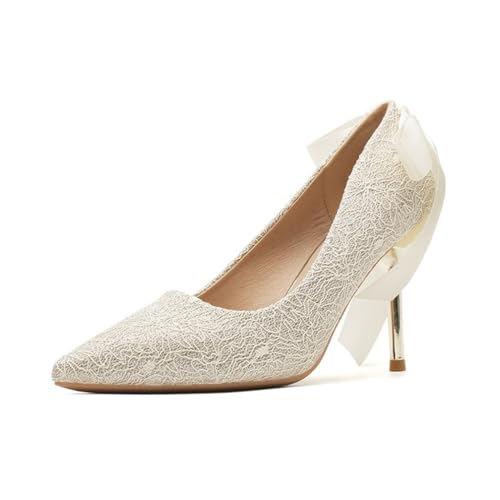 100junzidao Damen Hochzeit Schuhe Französisch Spitze Schleife Spitze Zehe Geschlossen Temperament Bankett Brautjungfer Schuhe Elegant Arbeit Party Gericht Pumpen Gelb 39 von 100junzidao