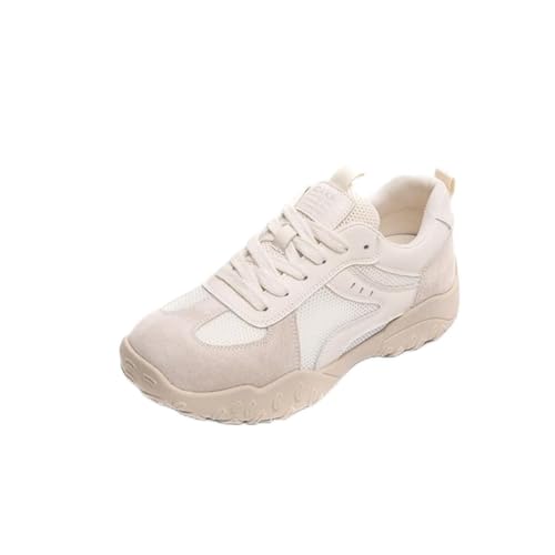 100junzidao Damen Laufschuhe Leder Plateau atmungsaktives Mesh modisch rutschfest Dicke Sohle Schnürung lässig Wander und Wanderschuhe Beige 38 von 100junzidao