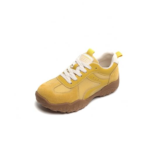 100junzidao Damen Laufschuhe Leder Plateau atmungsaktives Mesh modisch rutschfest Dicke Sohle Schnürung lässig Wander und Wanderschuhe Gelb 37 von 100junzidao
