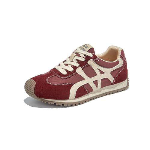 100junzidao Damen-Leder-PU-Plateau-Sneakers Extra Dicke Sohle Laufschuhe Retro-Mode Sport-Freizeitschuhe Bequeme Walking-Trainer Herbst Rot 39 von 100junzidao