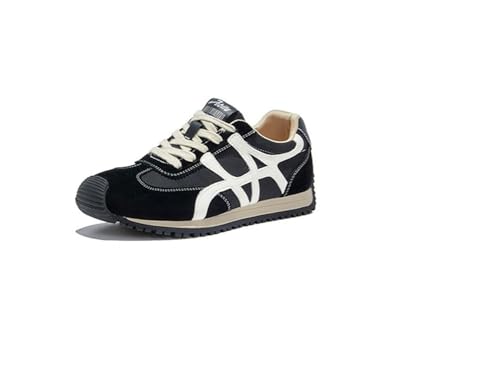 100junzidao Damen-Leder-PU-Plateau-Sneakers Extra Dicke Sohle Laufschuhe Retro-Mode Sport-Freizeitschuhe Bequeme Walking-Trainer Herbst Schwarz 35 von 100junzidao