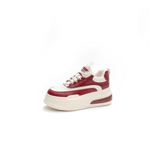 100junzidao Damen-Ledersneaker Modische Luftkissen-Plateauschuhe Hunderte von lässigen Wanderschuhen 7 cm Höhenverstärkung Geeignet für kleine Personen Rot 38 von 100junzidao