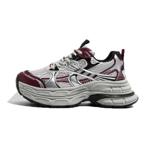 100junzidao Damen Mesh Atmungsaktive Laufschuhe Dicke Sohle Plateau-Sneakers rutschfeste Sohle Mode Schuhe zur Erhöhung der Körpergröße Rot 39 von 100junzidao