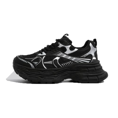 100junzidao Damen Mesh Atmungsaktive Laufschuhe Dicke Sohle Plateau-Sneakers rutschfeste Sohle Mode Schuhe zur Erhöhung der Körpergröße Schwarz 38 von 100junzidao