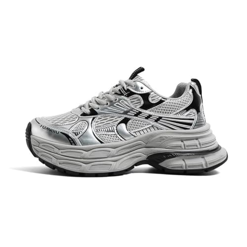 100junzidao Damen Mesh Atmungsaktive Laufschuhe Dicke Sohle Plateau-Sneakers rutschfeste Sohle Mode Schuhe zur Erhöhung der Körpergröße Silber 38 von 100junzidao