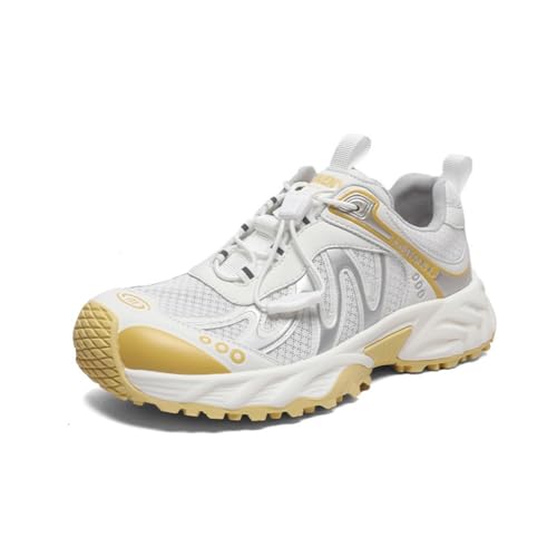 100junzidao Damen Mode Sneaker mit Plateausohle lässig leicht Schnürung klassisch Leder Walking Schuhe Dicke Sohle Mesh atmungsaktiv bequem Tennis Laufschuhe Gelb 39 von 100junzidao