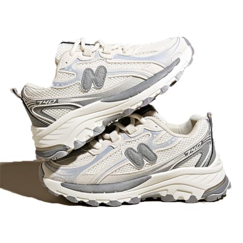 100junzidao Damen-Patchwork-Sneaker Bunte atmungsaktive Schnür-Laufschuhe Vielseitig Modisch Daddy Weich Bequem Erhöhen die Körpergröße Beige 36 von 100junzidao