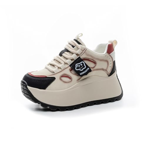 100junzidao Damen-Plateau-Sneaker modische Chunky-Sneaker Leder PU leichte Freizeitschuhe vielseitige höhenverstärkende Bequeme Flache Schuhe Beige 35 von 100junzidao
