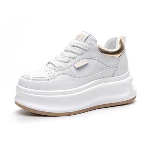 100junzidao Damen Plateau Sneakers Leder PU Chunky Kleine weiße Schuhe Mode Lässig Schrägabsatz Training Atmungsaktiv Peplum Leicht Gold 37 von 100junzidao